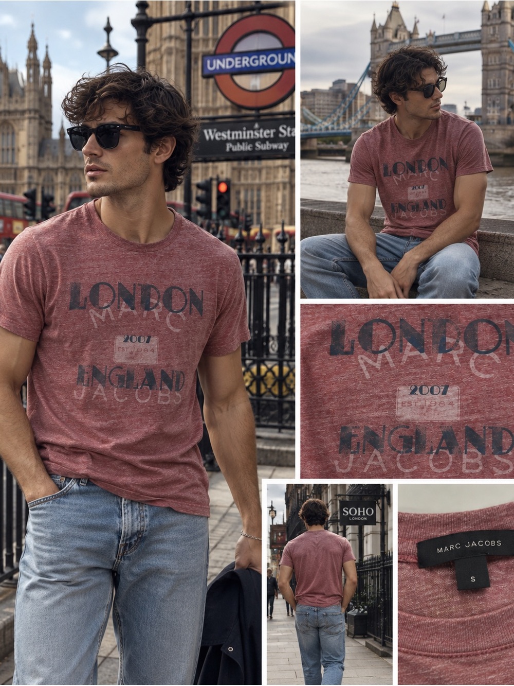 Marc Jacobs London England 2007 Graphic Tee Heather Maroon Sz S
